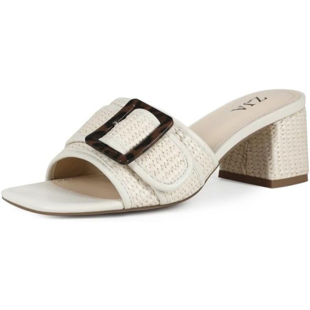 Women's Beige Raffia Sandals Heeled Square Open Toe Block Heels Slip On